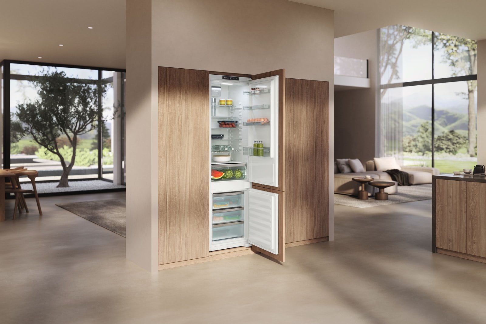 Miele built-in fridge-freezer in a modern kitchen wall