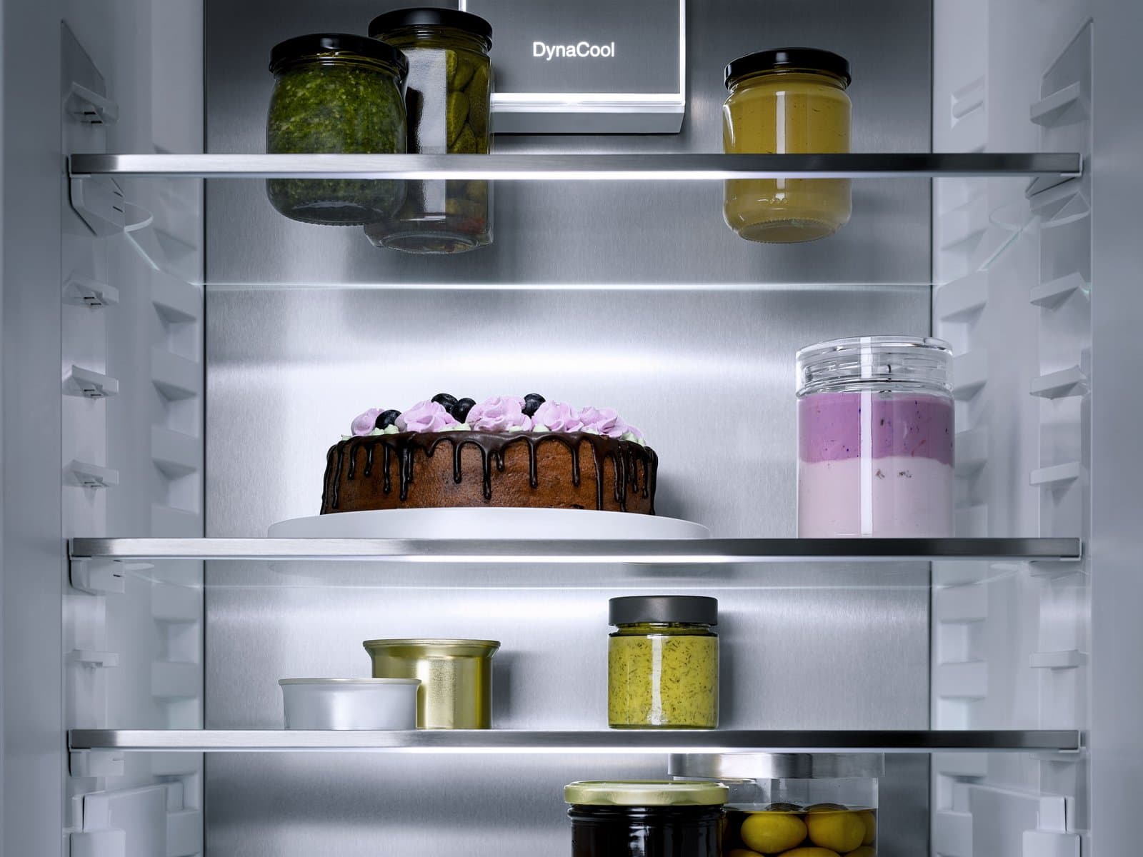 Inside of a Miele fridge, fully stocked