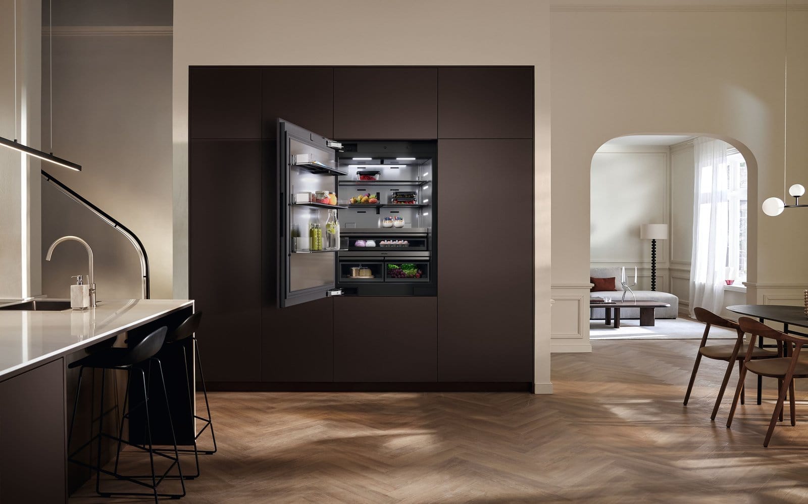 Miele built-in MasterCool with its door open in a modern kitchen