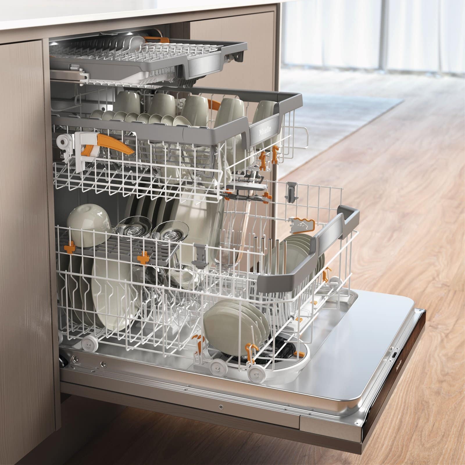 Miele dishwasher with flexible trays fully extended