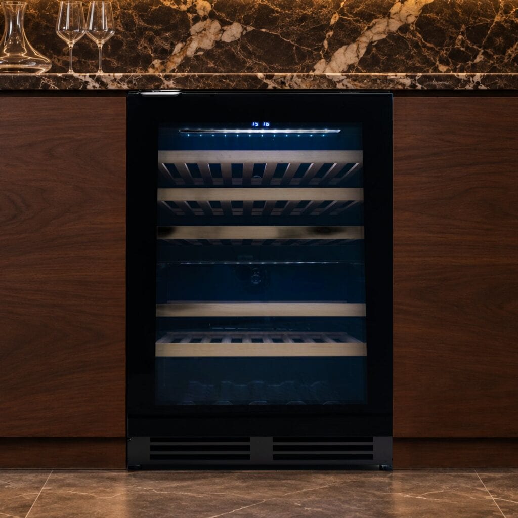 Haustec dual-zone wine cooler under a kitchen counter