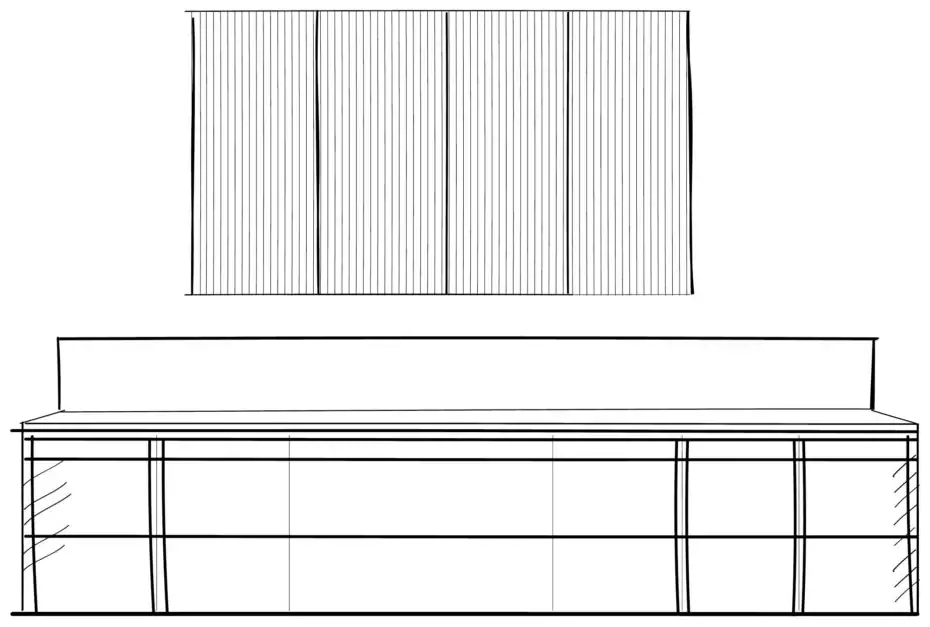 Line drawing of an Archigraphica kitchen with the Vela wall unit