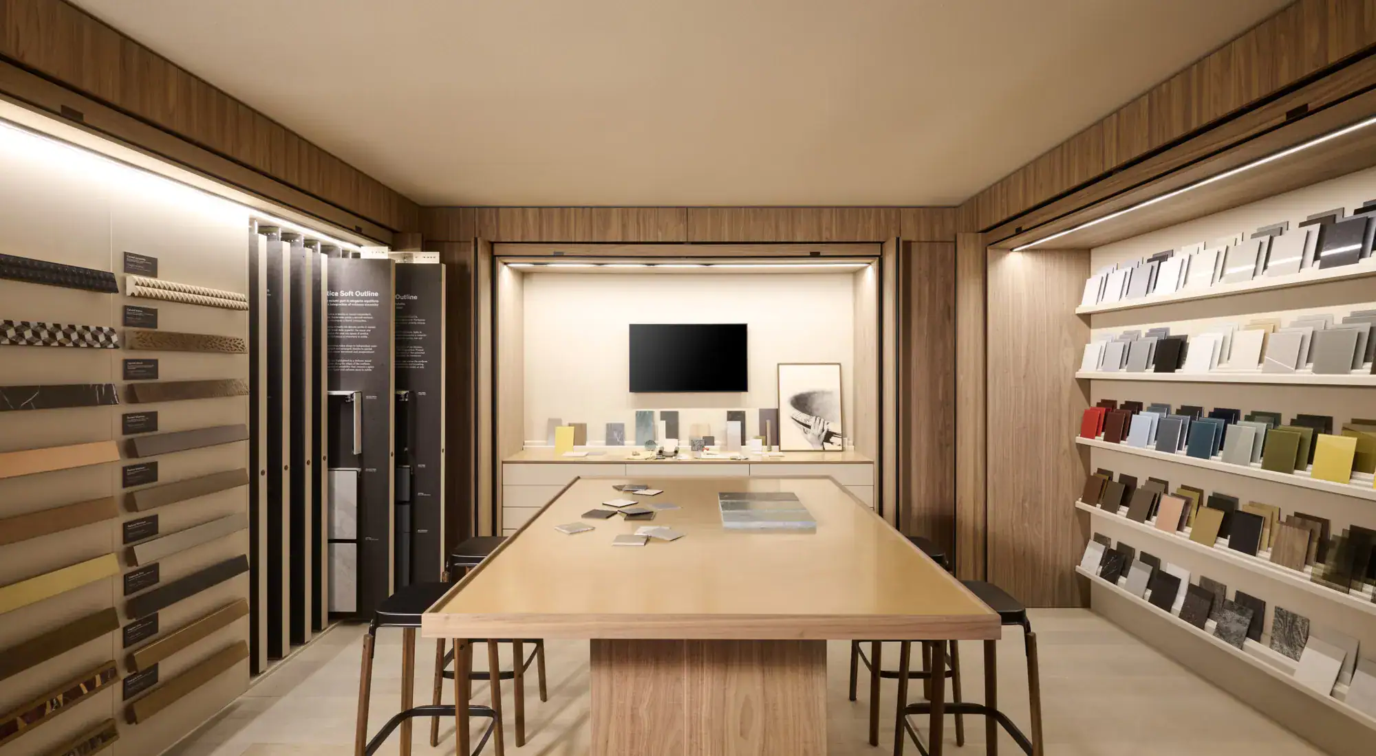 Kitchen materials library with finish samples for glass, stone, wood and metal doors