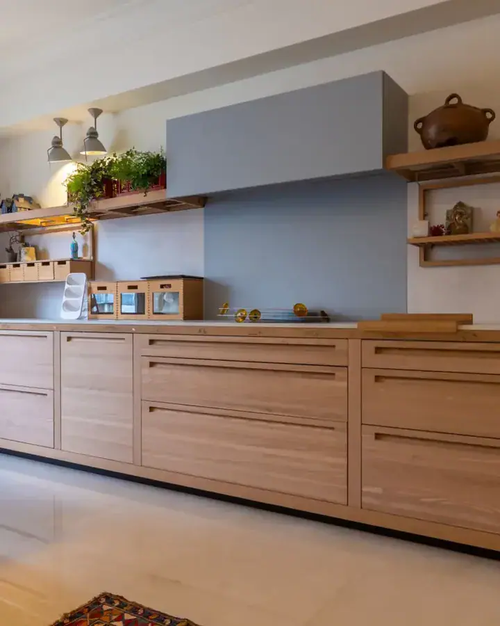 Wood kitchen with open shelving, Downtown Beirut