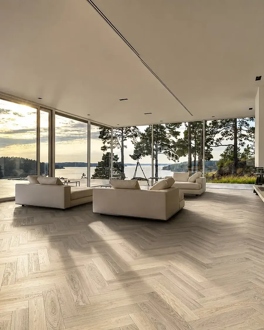 Light oak parquet in an open living room